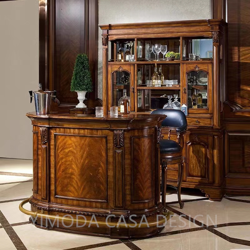 Luxury European Style Wood Carving Classic Grand Bar Counter Brown wine rack bar counter