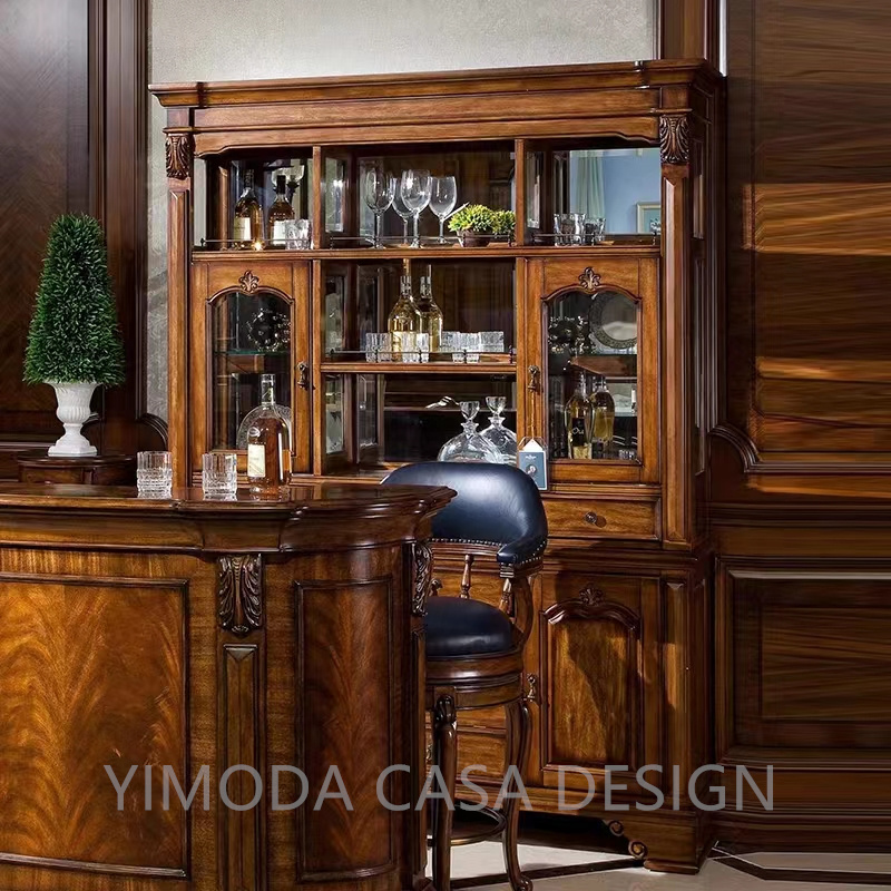 Luxury European Style Wood Carving Classic Grand Bar Counter Brown wine rack bar counter