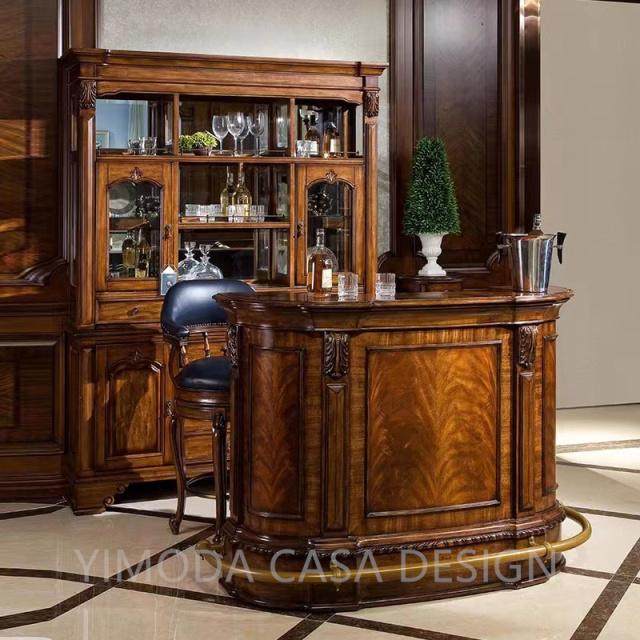 Luxury European Style Wood Carving Classic Grand Bar Counter Brown wine rack bar counter