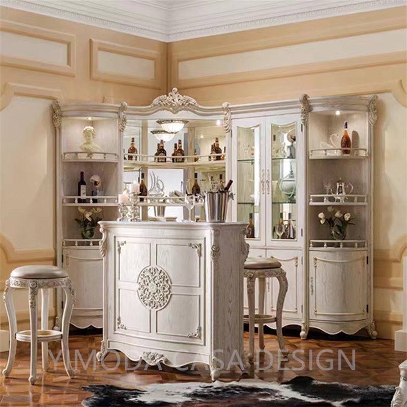 French Rococo White Solid Wood Hand-Carved Italian European-Style Home Bar Cabinet Customizable Counter and Table