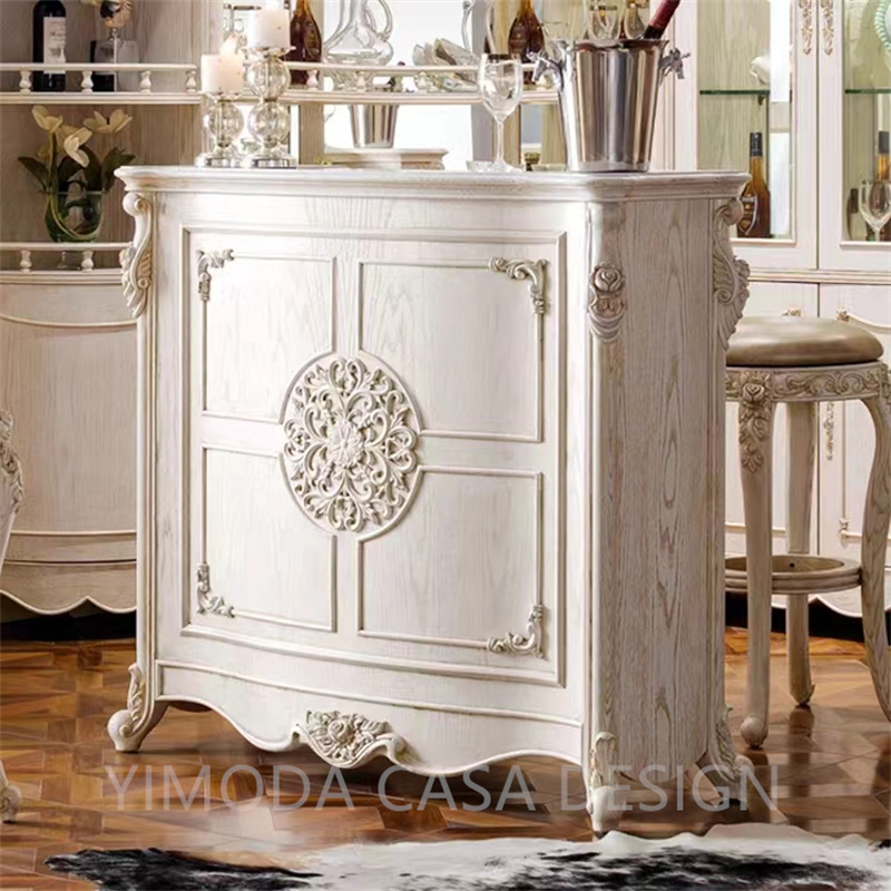 French Rococo White Solid Wood Hand-Carved Italian European-Style Home Bar Cabinet Customizable Counter and Table