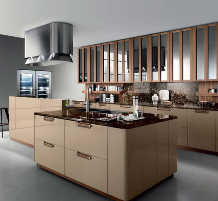 Customized Kitchen Furniture Modern Golden brown Wood Modular Kitchen Cabinets Villa Use Luxury Kitchen Cabinets