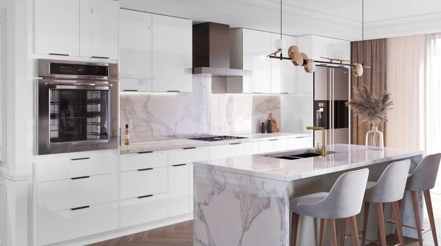 Custom Modern Full Kitchen Modular White Oak Wood Veneer Shaker Style Complete Kitchen Cabinet Set Furniture