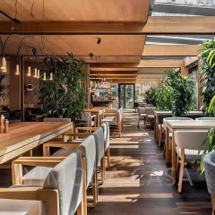 Coffee Shop Dining Room Wood Table and Brown Leather Chair for Restaurant Commercial Public Design Furniture