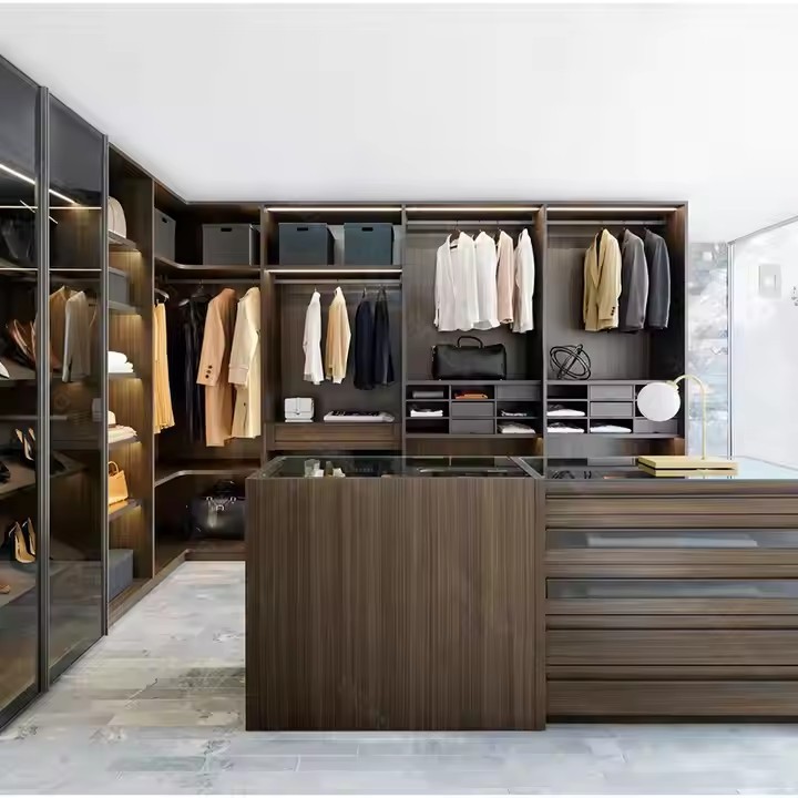 Modern Italian Style Bedroom Furniture Wardrobes Storage New Design Glass Sliding Door Closet With Glass and Led Light Home Furniture