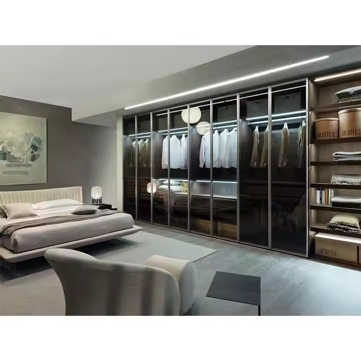 Customized Artistic Tempered Glass Sliding Door Wardrobe - Modern Bedroom Glass Door Storage Wardrobe