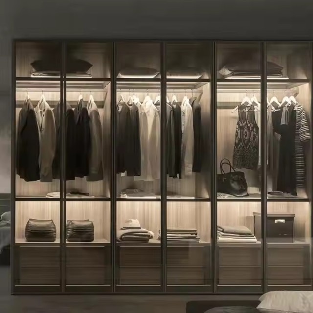 Customized Artistic Tempered Glass Sliding Door Wardrobe - Modern Bedroom Glass Door Storage Wardrobe