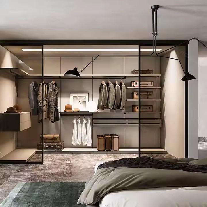Custom Luxury Modern Freestanding Walk-in Closet Wardrobe with Grey Black Tempered glass door Wood Construction wardrobe for Bedroom Living Room