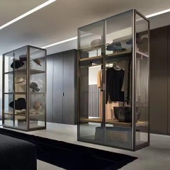 Custom Luxury Led light Tempered glass Sliding Door Modern Set Furniture Bedroom Closet System Organizers Glass Door Wooden Wardrobe Closet