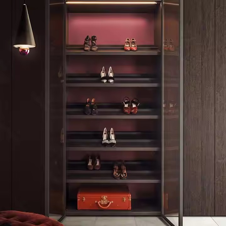 Custom Luxury Led light Tempered glass Sliding Door Modern Set Furniture Bedroom Closet System Organizers Glass Door Wooden Wardrobe Closet