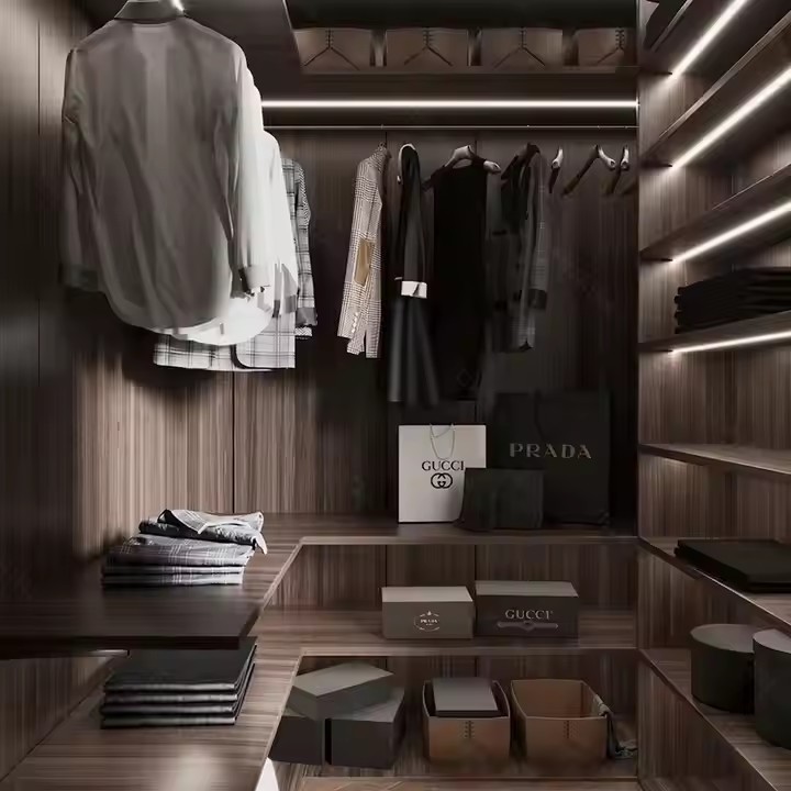Custom Luxury Led light Tempered glass Sliding Door Modern Set Furniture Bedroom Closet System Organizers Glass Door Wooden Wardrobe Closet