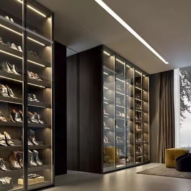 Custom Luxury Led light Tempered glass Sliding Door Modern Set Furniture Bedroom Closet System Organizers Glass Door Wooden Wardrobe Closet