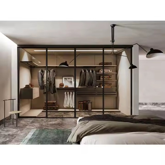Custom Luxury Modern Freestanding Walk-in Closet Wardrobe with Grey Black Tempered glass door Wood Construction wardrobe for Bedroom Living Room