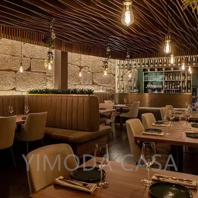 Custom Design Modern Durable Cafe Dining Bench Seating Restaurant Tables Brown Chairs Sets with Marble & Metal Tops Restaurant Set