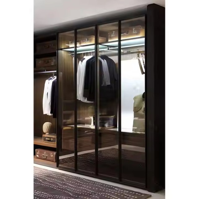 Light Luxury High-end Modern Sliding Glass Door Wardrobe Bedroom Furniture Home Cloakroom Solid Wood Custom Cabinet