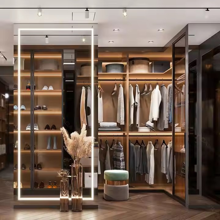 Light Luxury High-end Modern Sliding Glass Door Wardrobe Bedroom Furniture Home Cloakroom Solid Wood Custom Cabinet