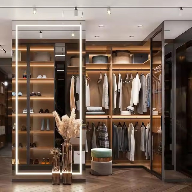 Light Luxury High-end Modern Sliding Glass Door Wardrobe Bedroom Furniture Home Cloakroom Solid Wood Custom Cabinet