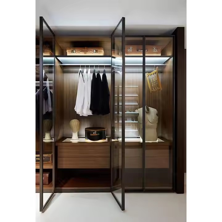 Light Luxury High-end Modern Sliding Glass Door Wardrobe Bedroom Furniture Home Cloakroom Solid Wood Custom Cabinet