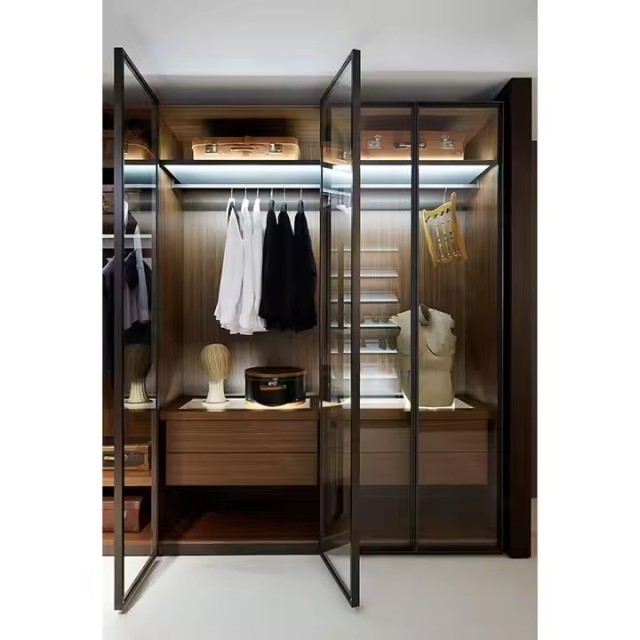 Light Luxury High-end Modern Sliding Glass Door Wardrobe Bedroom Furniture Home Cloakroom Solid Wood Custom Cabinet