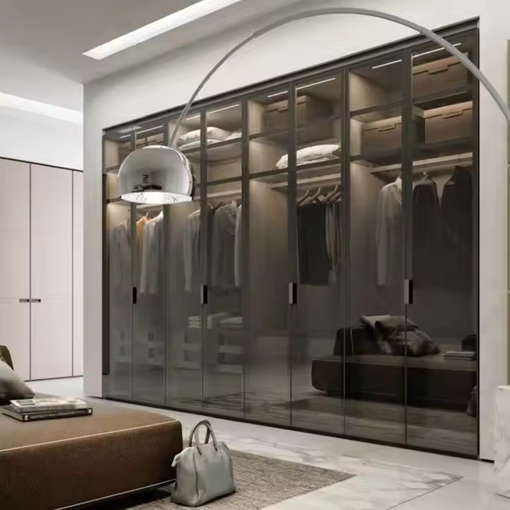 Modern Custom Bedroom Furniture Durable Sliding Glass Door Wardrobe Metal Frame Wood Style for Hotel Clothe Storage Apartment