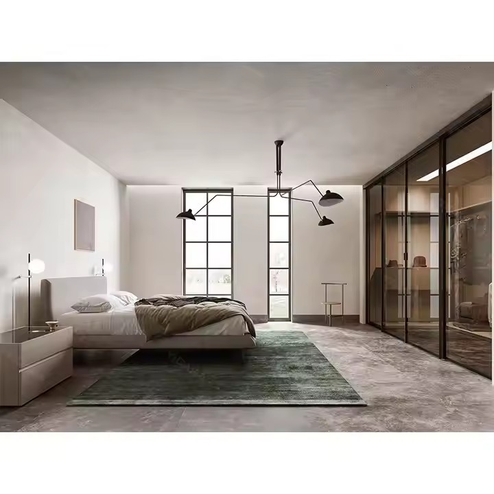 Custom Luxury Modern Freestanding Walk-in Closet Wardrobe with Grey Black Tempered glass door Wood Construction wardrobe for Bedroom Living Room
