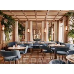 Modern Simple Commercial Hotel Restaurant Furniture Chair Table Set Sofa Booth Wood Blue Leather Dining Chair Fast Food
