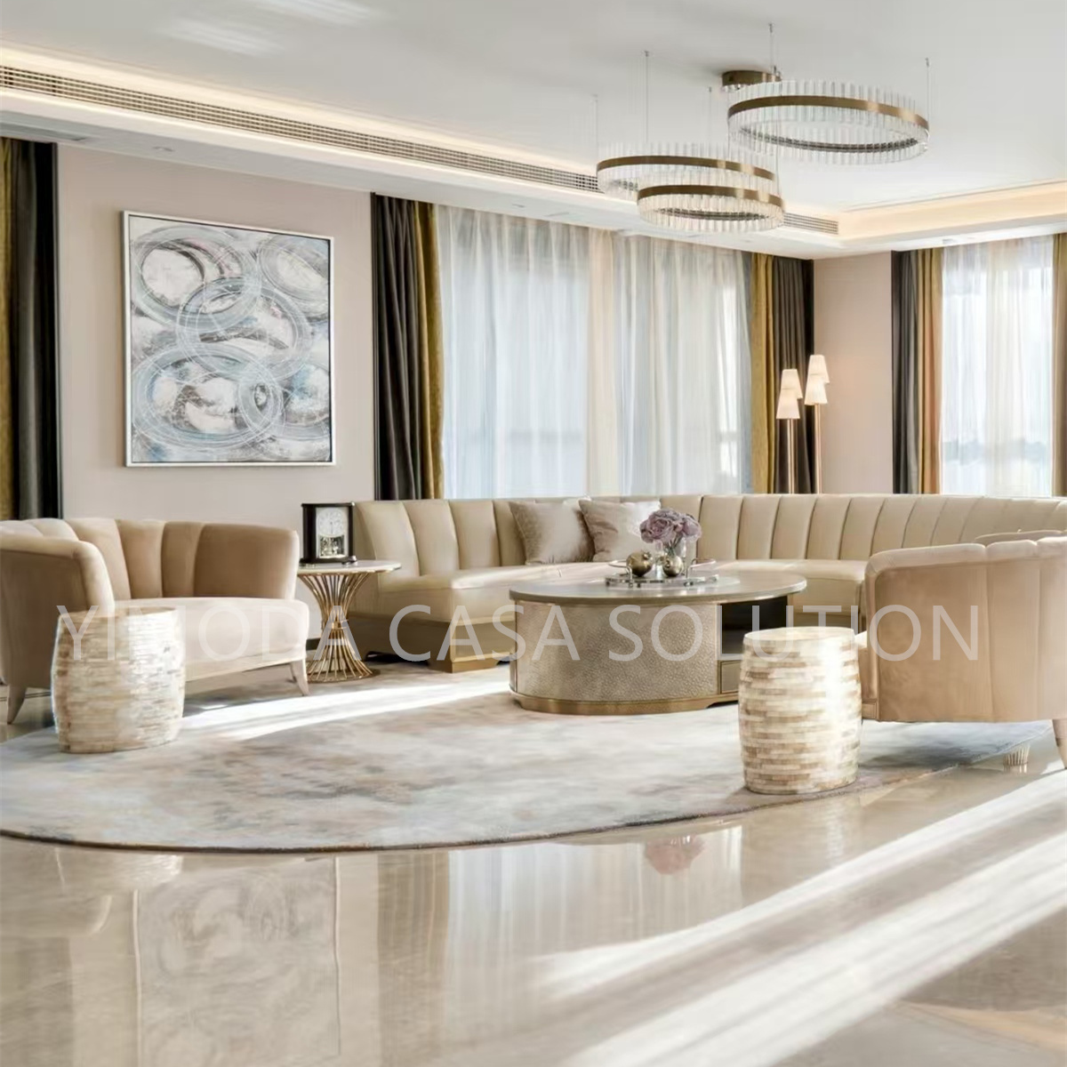 One-Stop Service Beige wood Round Dining Set Sectional Sofa Set villa apartment Furniture