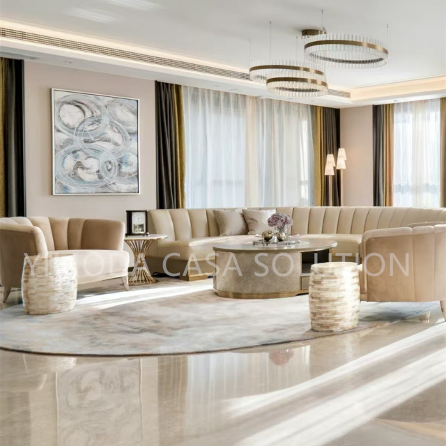 One-Stop Service Beige wood Round Dining Set Sectional Sofa Set villa apartment Furniture