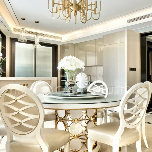 One-Stop Service Beige wood Round Dining Set Sectional Sofa Set villa apartment Furniture