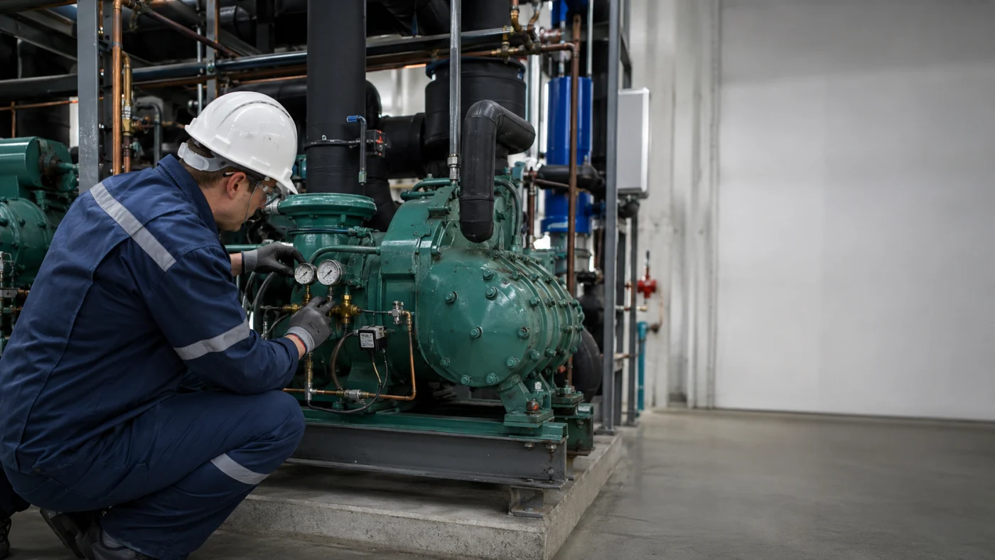 HVACR technician inspecting an industrial refrigeration compressor