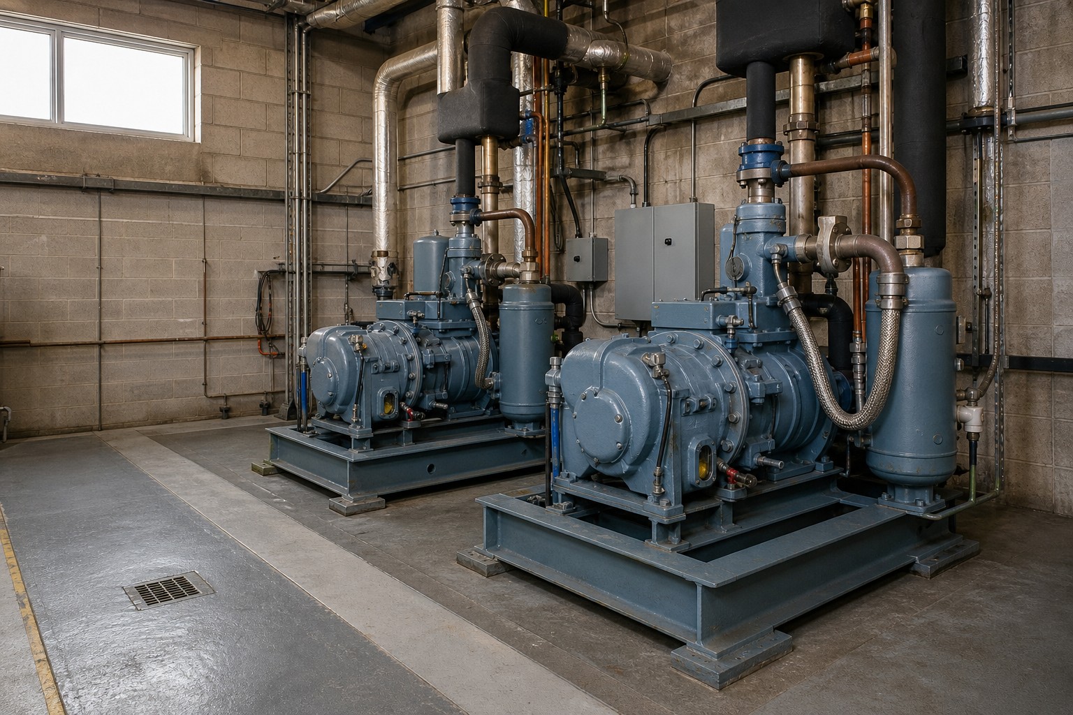 Two compact screw compressor units installed side by side in an industrial refrigeration machine room