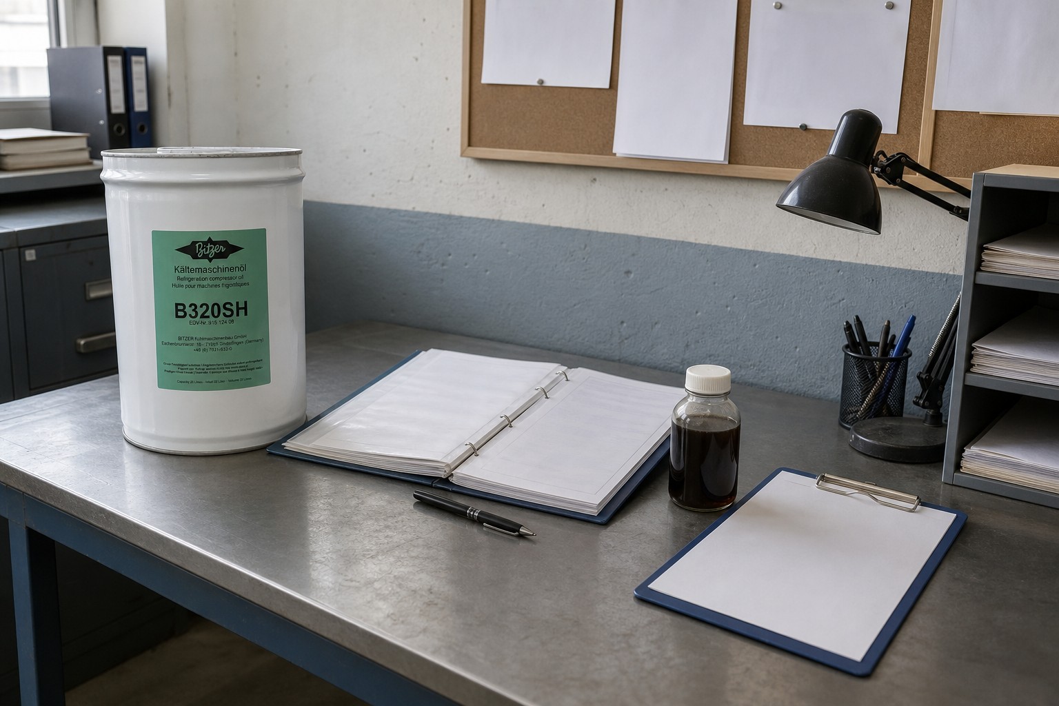 Oil pail, document folder, clipboard and oil sample bottle on a plant maintenance bench