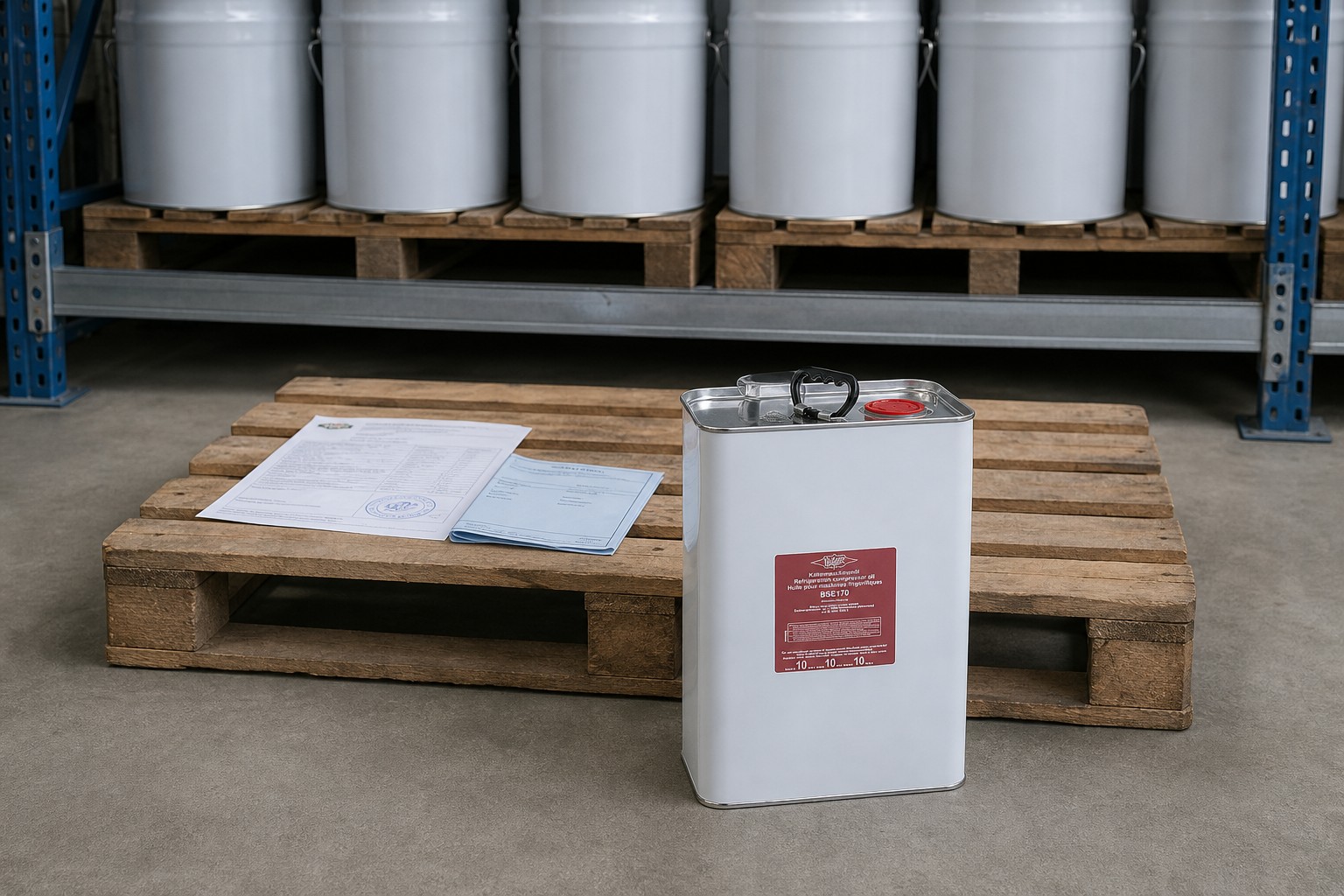 A white BITZER BSE170 oil tin with its red label standing in front of a wooden pallet holding a batch certificate and a folded export document