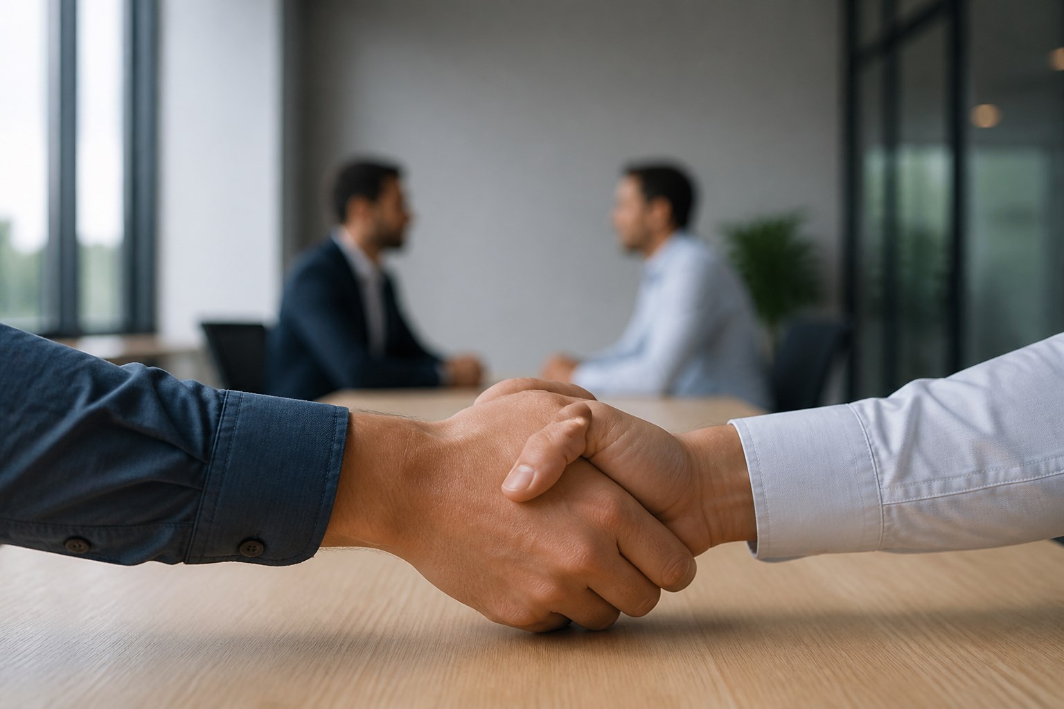 Two people shaking hands across a meeting table in a bright office, the background softly out of focus