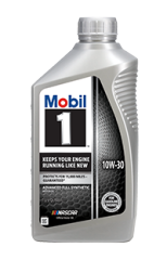 Mobil 1 10W-30 full synthetic motor oil bottle, front view