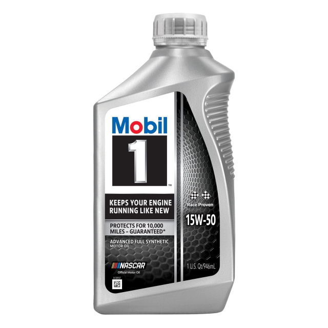 Mobil 1 15W-50 full synthetic motor oil bottle, alternate label view