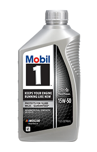 Mobil 1 15W-50 full synthetic motor oil bottle, front view