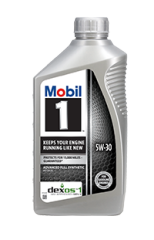 Mobil 1 5W-30 full synthetic motor oil bottle, front view