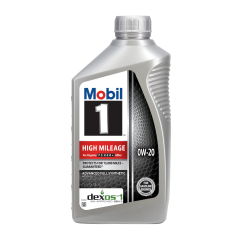 Mobil 1 High Mileage 0W-20 full synthetic motor oil bottle, front view