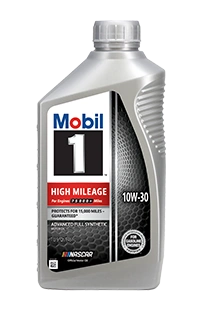 Mobil 1 High Mileage 10W-30 full synthetic motor oil bottle, front view