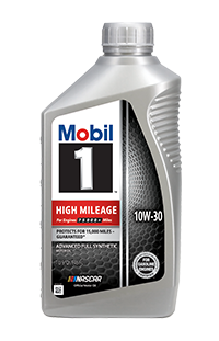 Mobil 1 High Mileage 10W-30 full synthetic motor oil bottle, front view