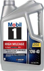 Mobil 1 High Mileage 10W-40 full synthetic motor oil bottle, alternate label view
