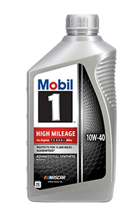 Mobil 1 High Mileage 10W-40 full synthetic motor oil bottle, front view