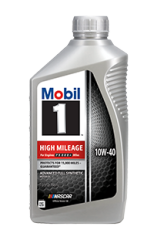 Mobil 1 High Mileage 10W-40 full synthetic motor oil bottle, front view