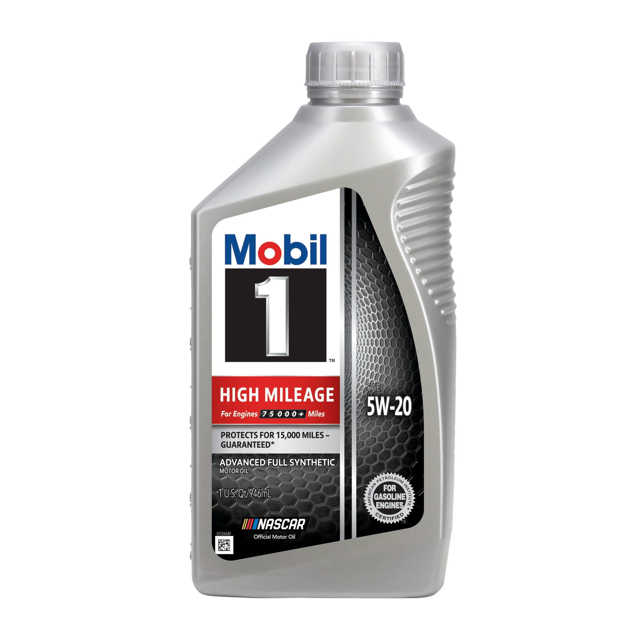 Mobil 1 High Mileage 5W-20 full synthetic motor oil bottle, alternate label view