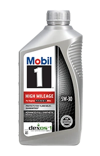 Mobil 1 High Mileage 5W-30 full synthetic motor oil bottle, front view