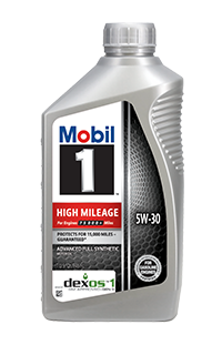 Mobil 1 High Mileage 5W-30 full synthetic motor oil bottle, front view