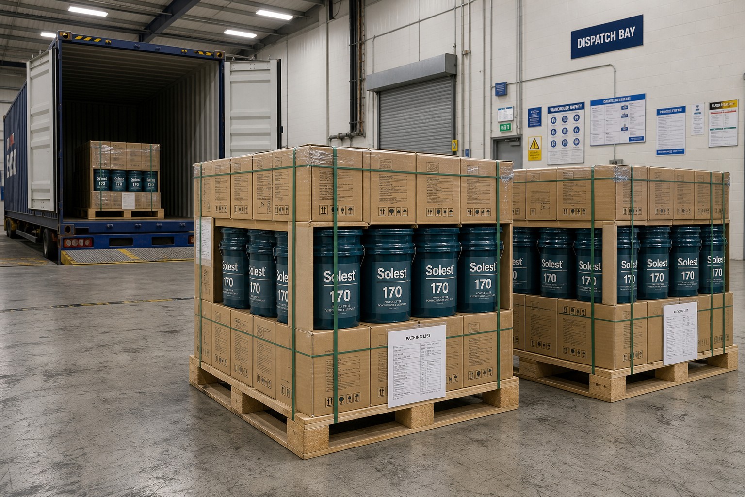 Two strapped pallets of Solest 170 pails in a dispatch bay with a container open behind them and a third pallet already loaded