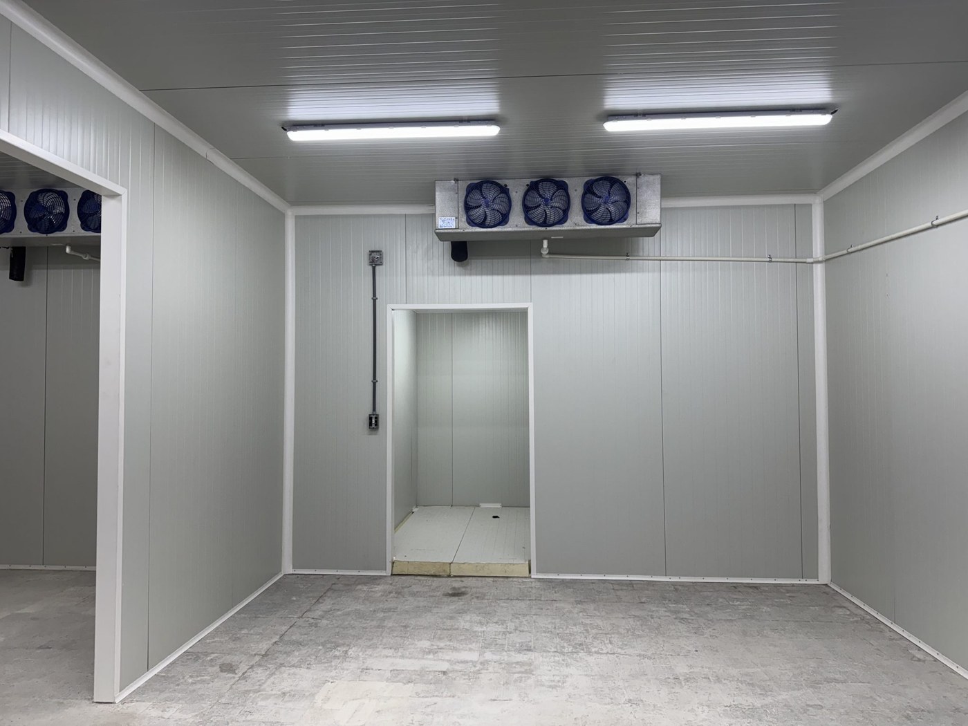 Interior of a finished cold store with insulated panels and a three-fan unit cooler mounted on the wall