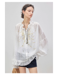 Heavy Industry Gypsophila_Anti-wrinkle ramie Tencel texture fairy ruffled rhinestone slightly see-through sun protection shirt